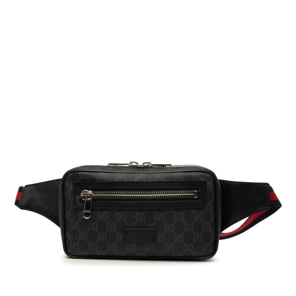 Gucci GG Supreme Sherry Line Body Bag Belt Waist 474293 Black Gray Leather Me...